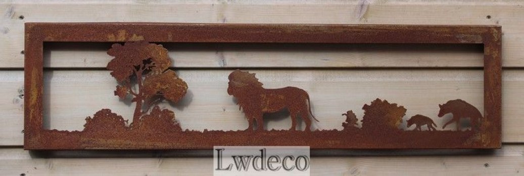Lw591 metalen wanddeco leeuw en hyena 80x21cm